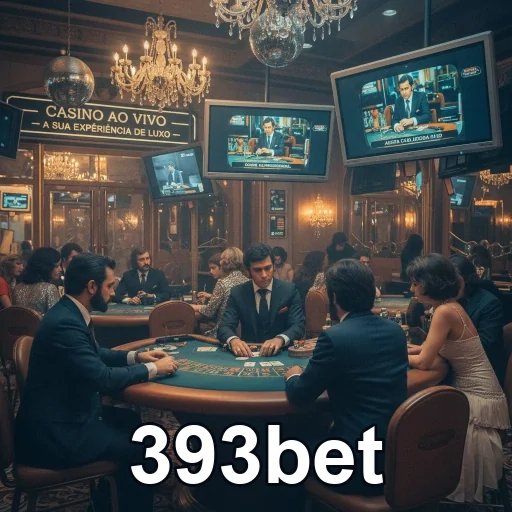 Visão do cassino ao vivo da 393bet com jogadores e telas.